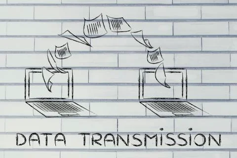 Laptops with documents flying from one screen to the other, data transmission Stock Illustration