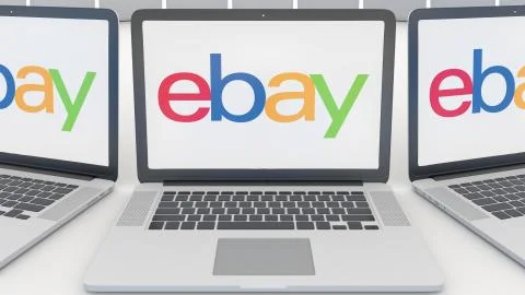 Laptops with eBay Inc. logo on the screen. Computer technology conceptual Illustrazione stock