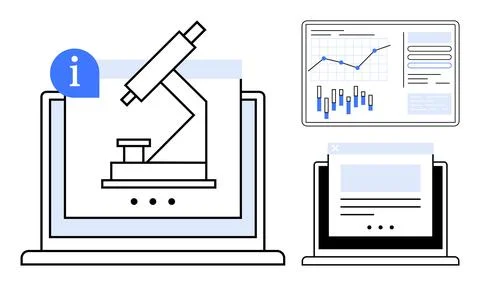 Laptops featuring a microscope, graph charts on a monitor, and information ic Stock Illustration