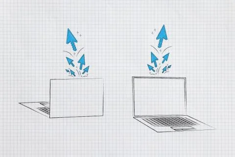 Laptops front and back with stream of clicks and cursors popping out of the s Illustrazione stock