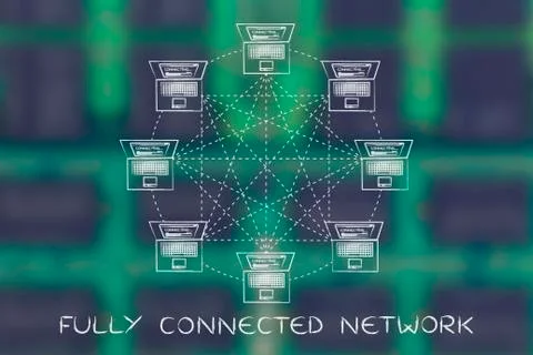 Laptops in a fully connected network structure with caption Stock Illustration
