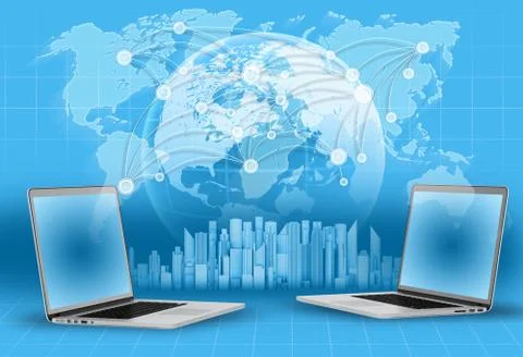 Laptops, globe and world map. skyscrapers on blue background Stock Illustration