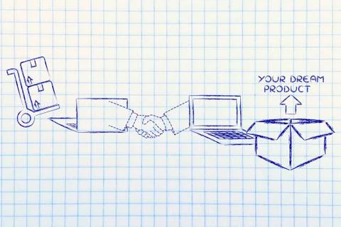 Laptops, handshake and parcel: concept of selling and buying online 스톡 일러스트
