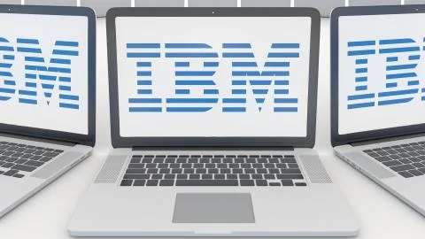Laptops with IBM logo on the screen. Computer technology conceptual editorial 3D Illustrazione stock