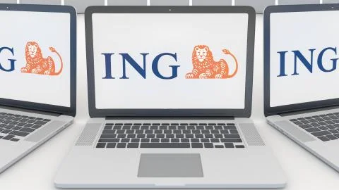 Laptops with ING Group logo on the screen. Computer technology conceptual Illustrazione stock