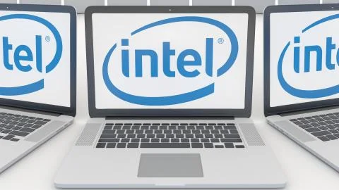 Laptops with Intel Corporation logo on the screen. Computer technology Stock Illustration