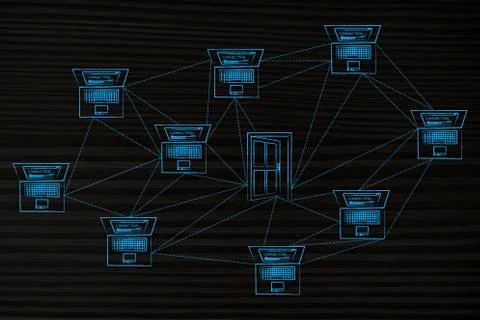 Laptops linked with each other by dashed lines and open door in between them イラスト素材