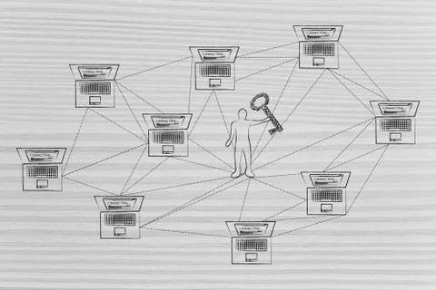 Laptops linked with each other by dashed lines and man holding microchip key 스톡 일러스트