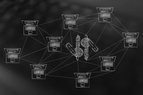 Laptops linked with each other by dashed lines and private public encryptioon Stock Illustration