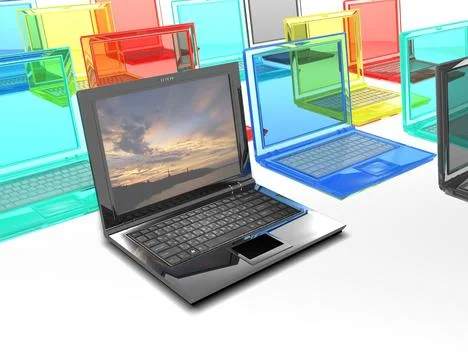 Laptops. Multi-colored laptops. Laptop advertising. 3D Illustrazione stock