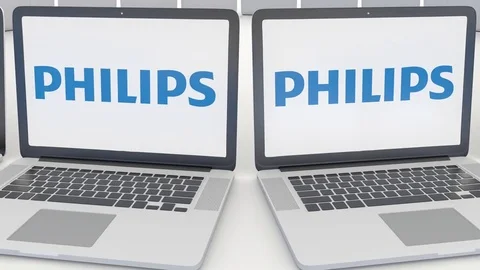 Laptops with Philips logo on the screen. Computer technology conceptual Stock Footage 73121281