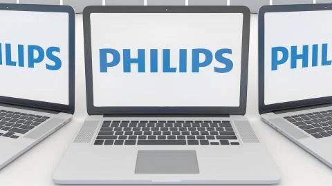 Laptops with Philips logo on the screen. Computer technology conceptual Stock Illustration
