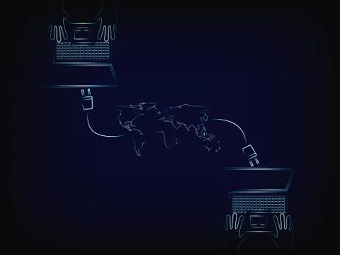 Laptops remotely connected to global network Stock Illustration