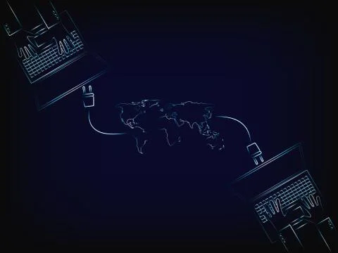 Laptops remotely connected to global network Illustrazione stock