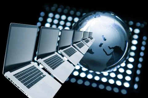 Laptops row and globe 스톡 사진