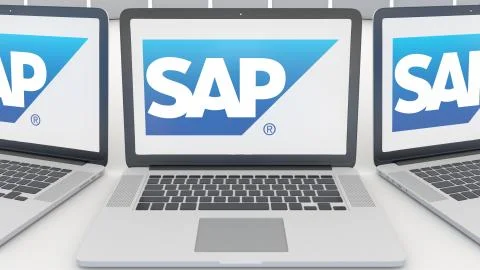 Laptops with SAP SE logo on the screen. Computer technology conceptual editorial イラスト素材
