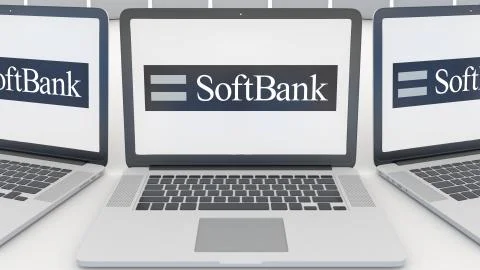 Laptops with SoftBank logo on the screen. Computer technology conceptual Stock-Illustration
