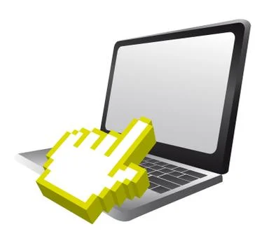 Laptor with 3d cursor hand pointing isolated. vector Stock Illustration