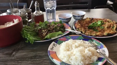 Larb (Laap/Laab) Minced Meat Salad And Asian Omelette Stock Footage 80270758