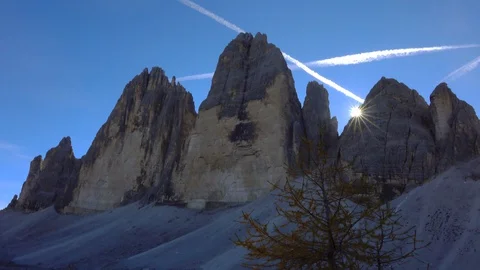 Larch in front of  the Three Peaks  of Lavaredo Mountains Stockbeeldmateriaal 128945826