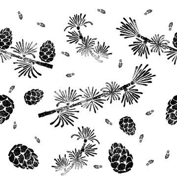 Larch pattern. Larix decidua branch, cone. Hand drawn botanical illustration. Illustrazione stock