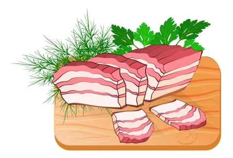 Lard with layers of meat on the kitchen board with greens Stock Illustration