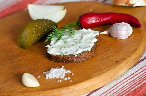 Lard spread on rye bread close up Stock Photos