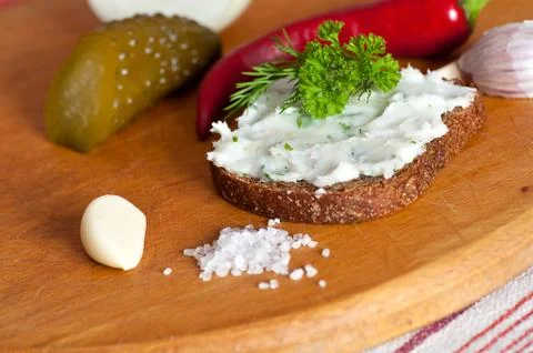 Lard spread on rye bread close up Stock Photos