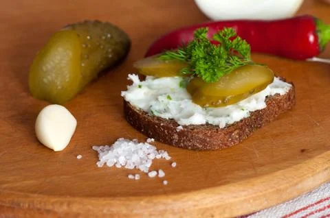 Lard spread on rye bread close up Stock Photos