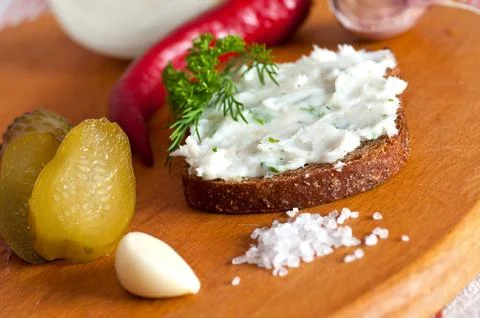 Lard spread on rye bread close up Stock Photos