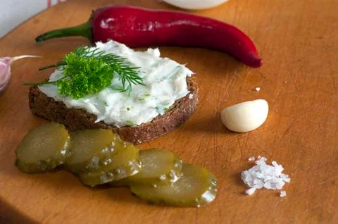 Lard spread on rye bread close up Stock Photos
