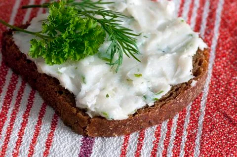Lard spread on rye bread close up Stock Photos