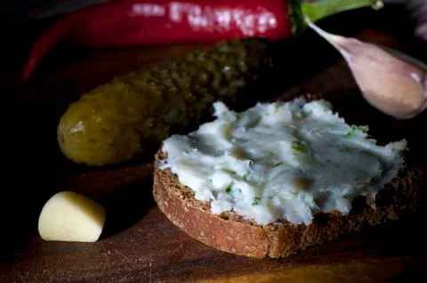 Lard spread on rye bread close up Stock Photos