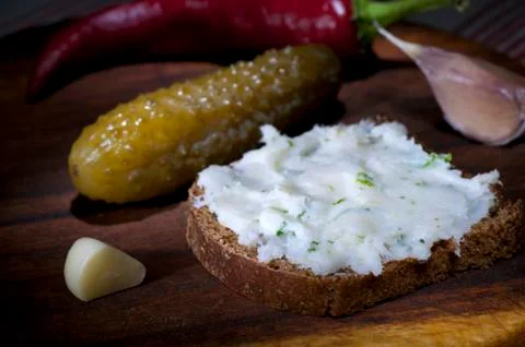 Lard spread on rye bread close up Stock Photos