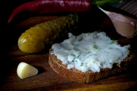 Lard spread on rye bread close up Stock Photos