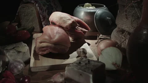 Lard, vegetables and bread on the farmer's table Stock Footage 154367409