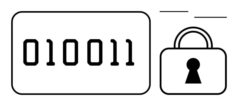 Large 010011 numeric code adjacent to secure padlock symbol on plain backdrop Stock-Illustration