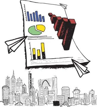 Large 3d graph with cityscape doodle Stock Illustration
