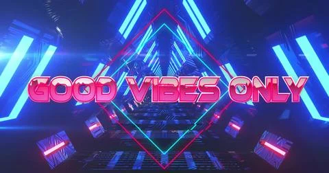Large 3D neon text GOOD VIBES ONLY pulsing, syncing to beat, animating cubes, Stock-Illustration