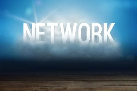 Large 3D render NETWORK letters are rising from mist on wooden floor against Illustrazione stock