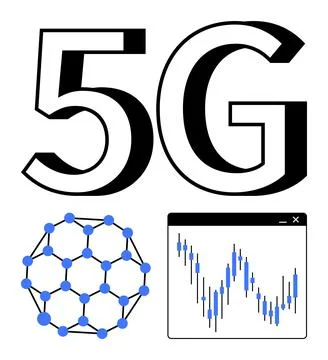 Large 5G text accompanied by a blue molecular structure and a financial chart イラスト素材