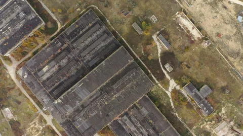 Large abandoned factory territory constructions upper view Stock Footage 143973366