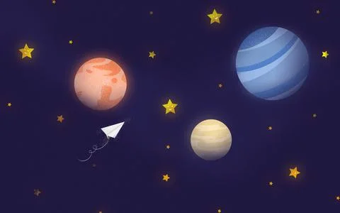 Large abstract planet, small stars and a white paper airplane on dark space Stock Illustration