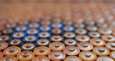 Large accumulation of batteries. Smooth camera movement. Macro shooting. Stock Footage 167105931