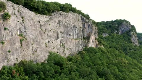 Large aerial dezoom of a huge limestone cliff surrounded by forest Stock Footage