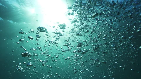 Large air bubbles rising toward brilliant sunlight and turquoise surface Stock Footage 345339135