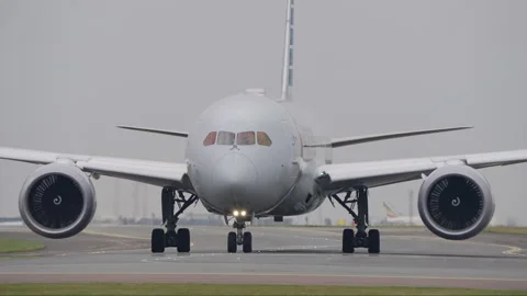 Large American Boeing 787 Passenger Airplane Taxi Head On for Takeoff Copenhagen Stock Footage 286039053