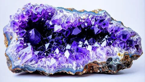 A large amethyst geode with deep purple crystals and rugged exterior, isola.. Stock Photos