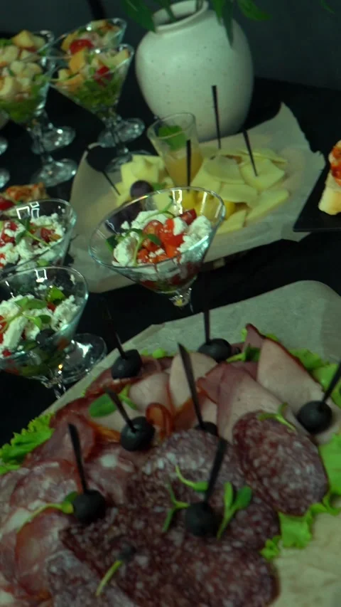 A large amount of food on the table. A buffet. Stock Footage 344438246