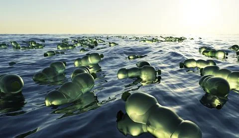 A large amount of green plastic bottles float in the ocean, environmental Stock Illustration